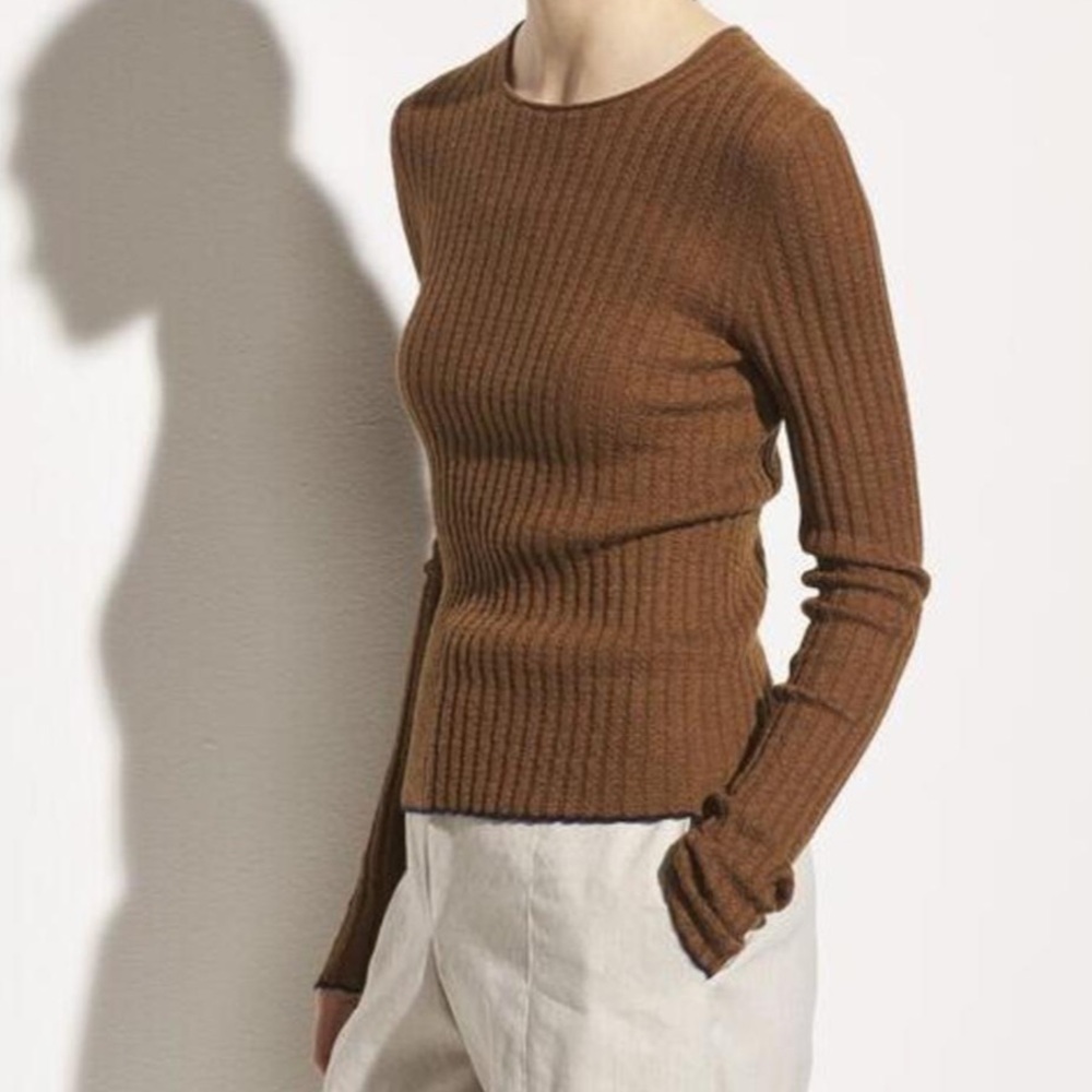 Vince Micro Stripe Cashmere Crewneck Sweater Ribbed Blue Pecan Palo Santo - M